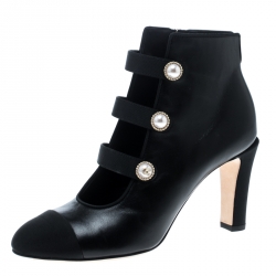 Chanel Black Leather Faux Pearl CC Fabric Cap Toe Booties Size 37