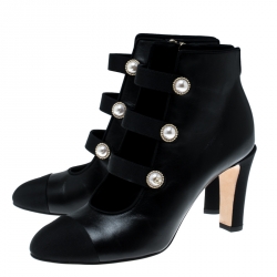 Chanel Black Leather Faux Pearl CC Fabric Cap Toe Booties Size 37