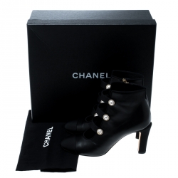 Chanel Black Leather Faux Pearl CC Fabric Cap Toe Booties Size 37