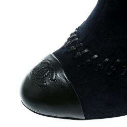 Chanel Blue Suede And Leather Whipstitch Cap Toe Ankle Boots Size 40.5