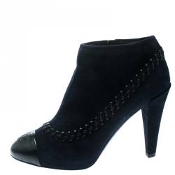 Chanel Blue Suede And Leather Whipstitch Cap Toe Ankle Boots Size 40.5