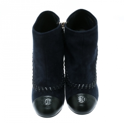 Chanel Blue Suede And Leather Whipstitch Cap Toe Ankle Boots Size 40.5