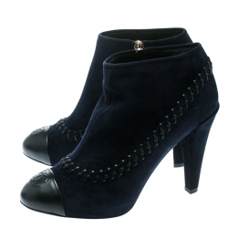 Chanel Blue Suede And Leather Whipstitch Cap Toe Ankle Boots Size 40.5