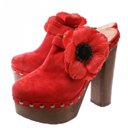 Chanel Red Suede Camellia Embellished Wooden Clogs Size 40