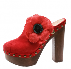 Chanel Red Suede Camellia Embellished Wooden Clogs Size 40