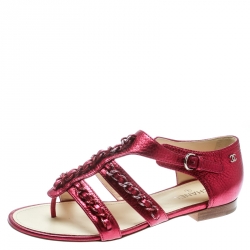 مملوكة مسبقًا Chanel Metallic Pink Leather CC Chain Link Flat Sandals Size 39.5