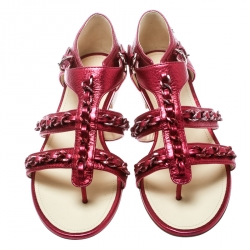 مملوكة مسبقًا Chanel Metallic Pink Leather CC Chain Link Flat Sandals Size 39.5