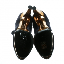 Chanel Oxford Blue Suede With Black Leather Cap Toe Platform Ankle Boots Size 38.5