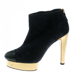Chanel Oxford Blue Suede With Black Leather Cap Toe Platform Ankle Boots Size 38.5
