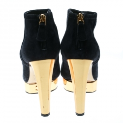 Chanel Oxford Blue Suede With Black Leather Cap Toe Platform Ankle Boots Size 38.5