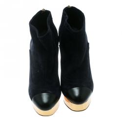 Chanel Oxford Blue Suede With Black Leather Cap Toe Platform Ankle Boots Size 38.5