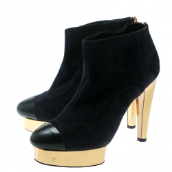 Chanel Oxford Blue Suede With Black Leather Cap Toe Platform Ankle Boots Size 38.5