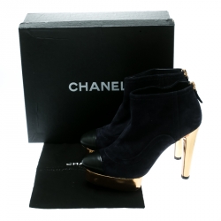 Chanel Oxford Blue Suede With Black Leather Cap Toe Platform Ankle Boots Size 38.5