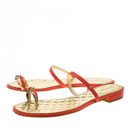 Chanel Orange Leather Enamel Embellished Toe Ring CC Flat Sandals Size 40