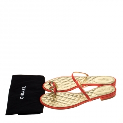 Chanel Orange Leather Enamel Embellished Toe Ring CC Flat Sandals Size 40