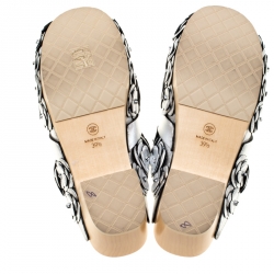 Chanel Metallic Silver Leather CC Turnlock Camellia Wood Platform Mules Size 39.5