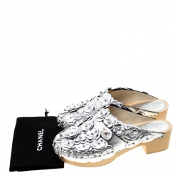 Chanel Metallic Silver Leather CC Turnlock Camellia Wood Platform Mules Size 39.5