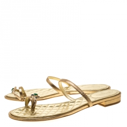 Chanel Metallic Gold Leather Enamel Embellished Toe Ring Flat Sandals Size 40.5