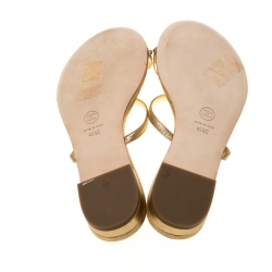 Chanel Metallic Gold Leather Enamel Embellished Toe Ring Flat Sandals Size 40.5