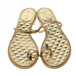 Chanel Metallic Gold Leather Enamel Embellished Toe Ring Flat Sandals Size 40.5