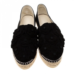 Pre Owned Chanel Black Suede CC Camellia Espadrilles Size 40