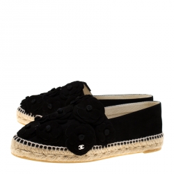 Pre Owned Chanel Black Suede CC Camellia Espadrilles Size 40