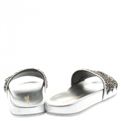 Chanel Metallic Silver Glitter Finish Leather Tropiconic Chain Detail Slides Size 36