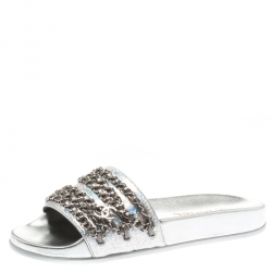 Chanel Metallic Silver Glitter Finish Leather Tropiconic Chain Detail Slides Size 36