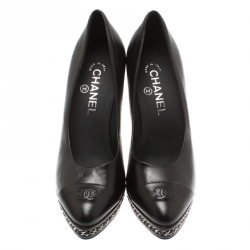 Pre Owned Chanel Black Leather CC Cap Toe Chain Detail Platform Pumps Size 38.5
