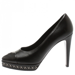 Pre Owned Chanel Black Leather CC Cap Toe Chain Detail Platform Pumps Size 38.5