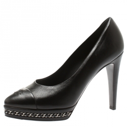 Pre Owned Chanel Black Leather CC Cap Toe Chain Detail Platform Pumps Size 38.5