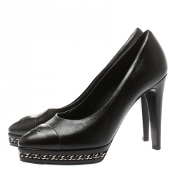 Pre Owned Chanel Black Leather CC Cap Toe Chain Detail Platform Pumps Size 38.5