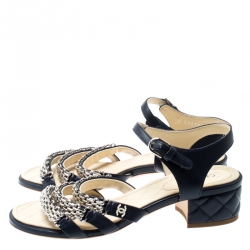 Chanel Navy Blue Leather Reissue Chain Detail Quilted Heel Ankle Strap Sandals Size 37.5