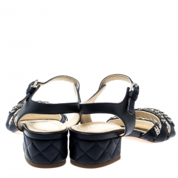 Chanel Navy Blue Leather Reissue Chain Detail Quilted Heel Ankle Strap Sandals Size 37.5