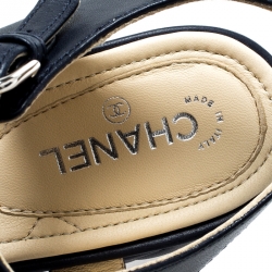 Chanel Navy Blue Leather Reissue Chain Detail Quilted Heel Ankle Strap Sandals Size 37.5