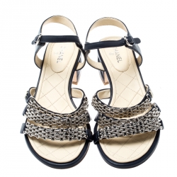 Chanel Navy Blue Leather Reissue Chain Detail Quilted Heel Ankle Strap Sandals Size 37.5