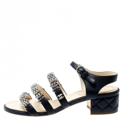 Chanel Navy Blue Leather Reissue Chain Detail Quilted Heel Ankle Strap Sandals Size 37.5