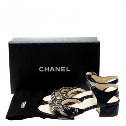Chanel Navy Blue Leather Reissue Chain Detail Quilted Heel Ankle Strap Sandals Size 37.5