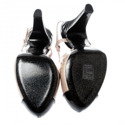 Pre Owned Chanel Beige/Black Glitter Textured Patent Leather Cut Out Detail Cap Toe CC Slingback Sandals Size 39.5