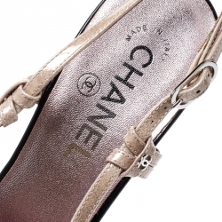 Pre Owned Chanel Beige/Black Glitter Textured Patent Leather Cut Out Detail Cap Toe CC Slingback Sandals Size 39.5