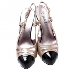 Pre Owned Chanel Beige/Black Glitter Textured Patent Leather Cut Out Detail Cap Toe CC Slingback Sandals Size 39.5