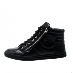 Pre Owned Chanel Black Leather CC Double Zip Accent High Top Sneakers Size 39
