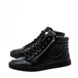 Pre Owned Chanel Black Leather CC Double Zip Accent High Top Sneakers Size 39