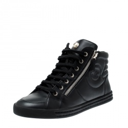 Chanel Black Leather CC Double Zip Accent High Top Sneakers