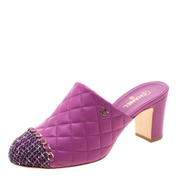 Pre Owned حذاء سلايد شانيل CC جلد بنفسجي مبطن مقدمة كاروهات مقاس 38