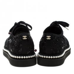 Chanel Black Sequin Embellished Tweed Fabric and  CC Faux Pearl Trim Platform Sneakers Size 38