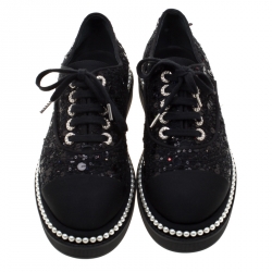 Chanel Black Sequin Embellished Tweed Fabric and  CC Faux Pearl Trim Platform Sneakers Size 38