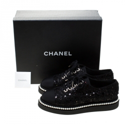 Chanel Black Sequin Embellished Tweed Fabric and  CC Faux Pearl Trim Platform Sneakers Size 38