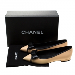Pre Owned Chanel Beige/Black Leather CC Pointed Toe Flats Size 36