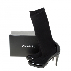  Chanel Black Patent Leather And Fabric Sock Boots Size 41